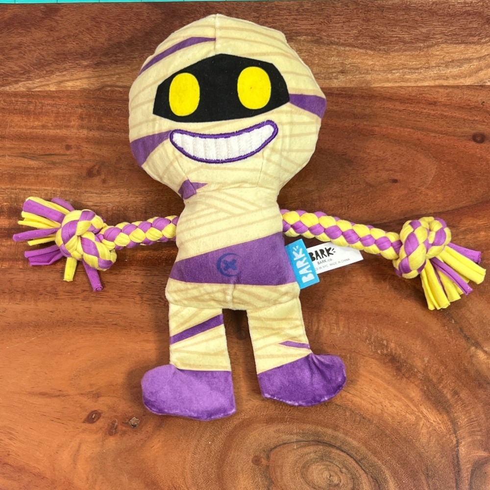 BarkBox Halloween Mummy Dog Toy Purple Yellow Braided Rope Crinkle Plush 216001